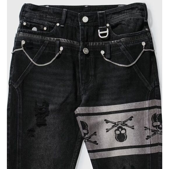 Mastermind Japan x C2H4 jeans double waist skull print chain black NWT S $550 - Picture 4 of 16
